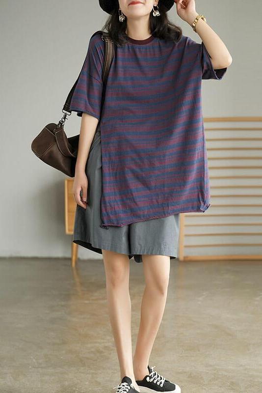 Cotton Stripes Split Hem O Neck T-shirt