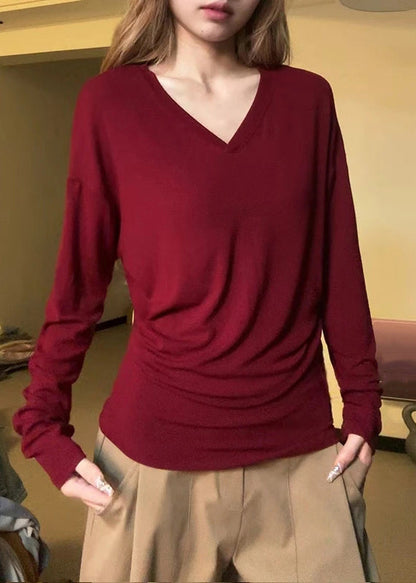 Simple Orange V Neck Cotton T Shirt Fall