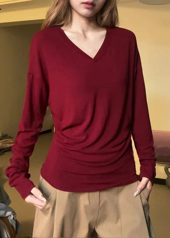 Simple Orange V Neck Cotton T Shirt Fall