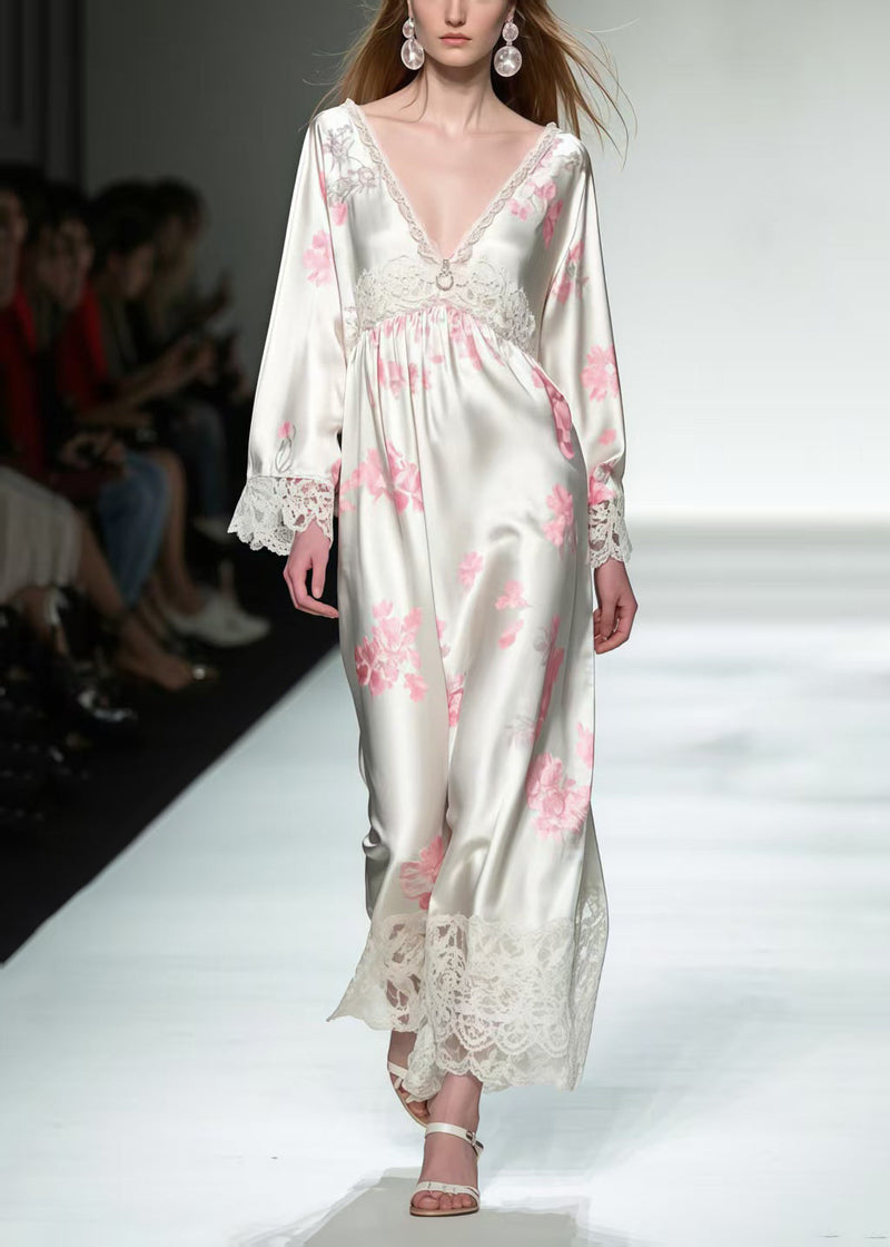 White Print Patchwork Lace Silk Maxi Dresses Spring