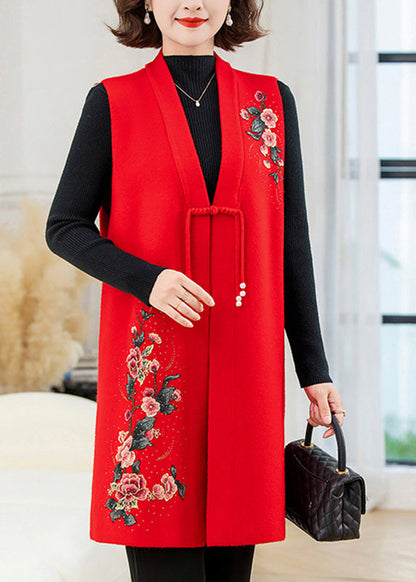Red Long Wool Knit Waistcoat Embroidered Sleeveless