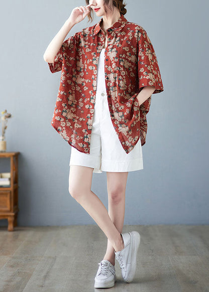Original Design Red Peter Pan Collar Print Pocket Linen Long Shirt Top Short Sleeve
