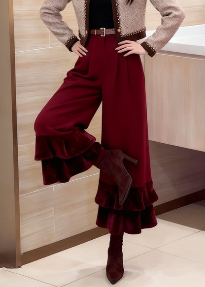 Loose Red Ruffled High Waist Silk Velour Patchwork Wide Leg Pants Winter