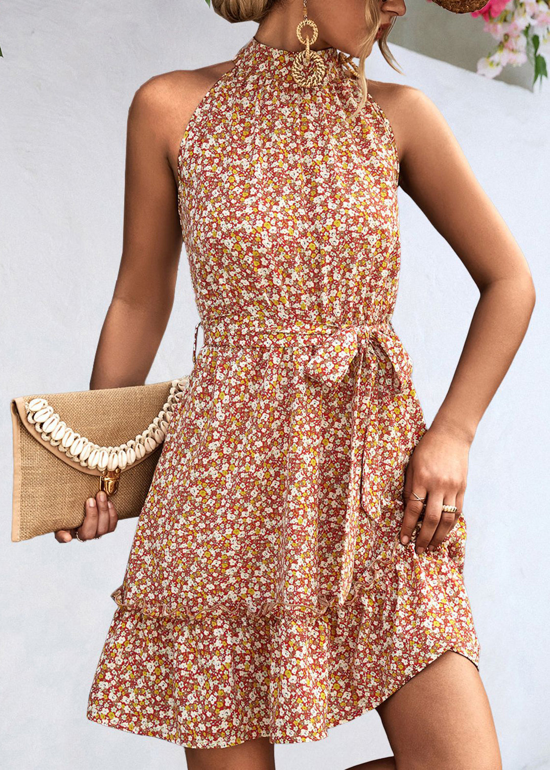 New Apricot Halter Print Lace Up Chiffon Mid Dresses Sleeveless