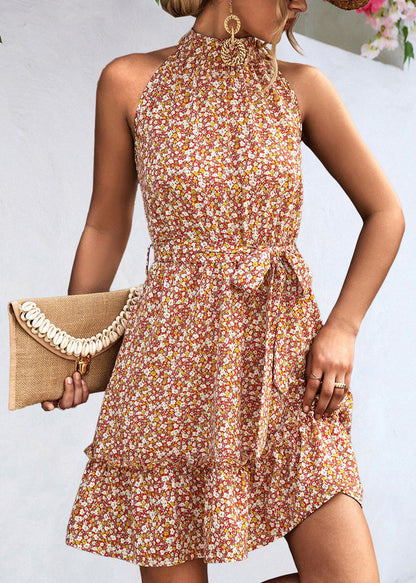 New Apricot Halter Print Lace Up Chiffon Mid Dresses Sleeveless