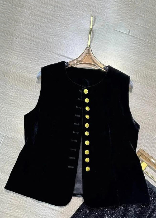 Black O-neck Button Silk Velour Waistcoat Sleeveless