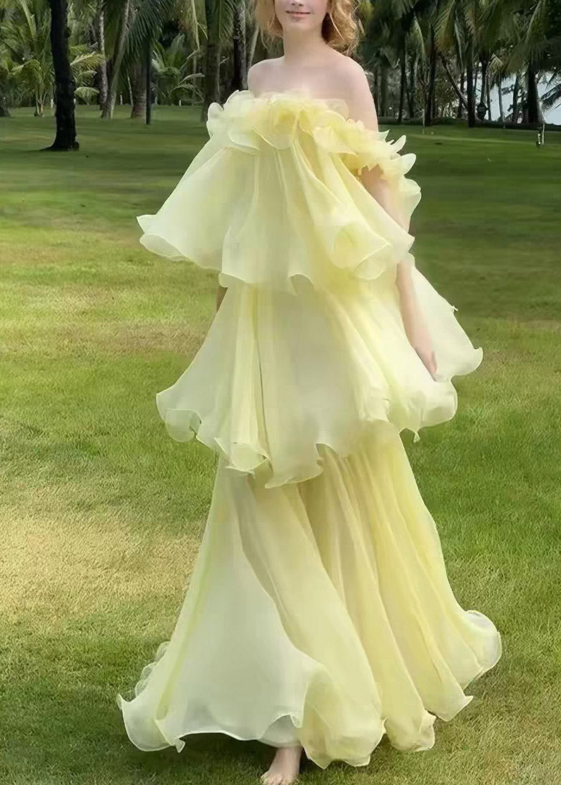 Yellow Slash Neck Ruffled Patchwork Tulle Maxi Dress Sleeveless
