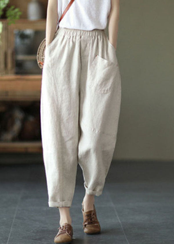 Linen Colour Linen Crop Pants High Waist Patchwork Summer