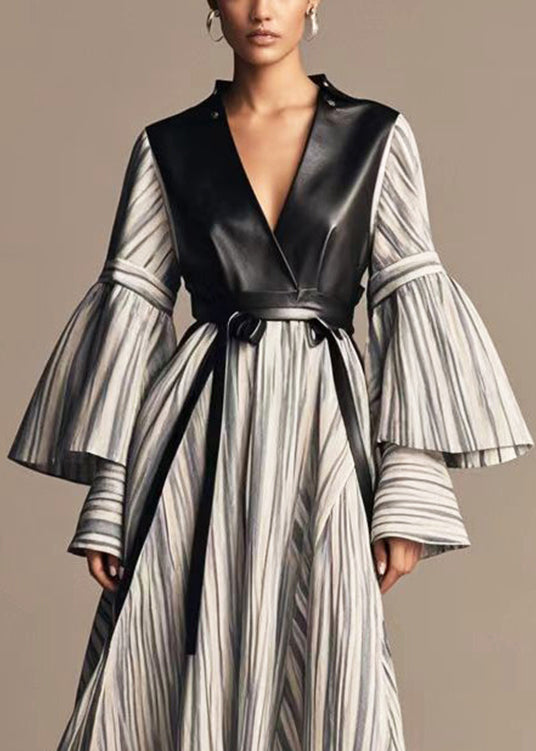 Grey Striped Patchwork Faux Leather Cotton Holiday Dress Flare Sleeve