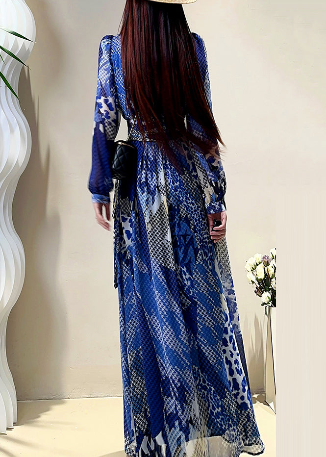 Blue V Neck Print Drawstring Maxi Dress Lantern Sleeve