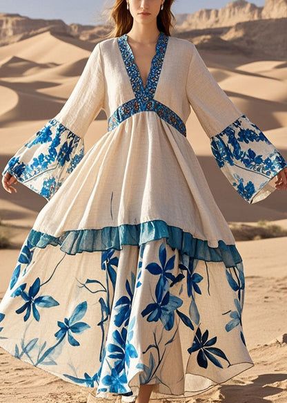 Apricot V Neck Patchwork Print Cotton Holiday Dress Fall
