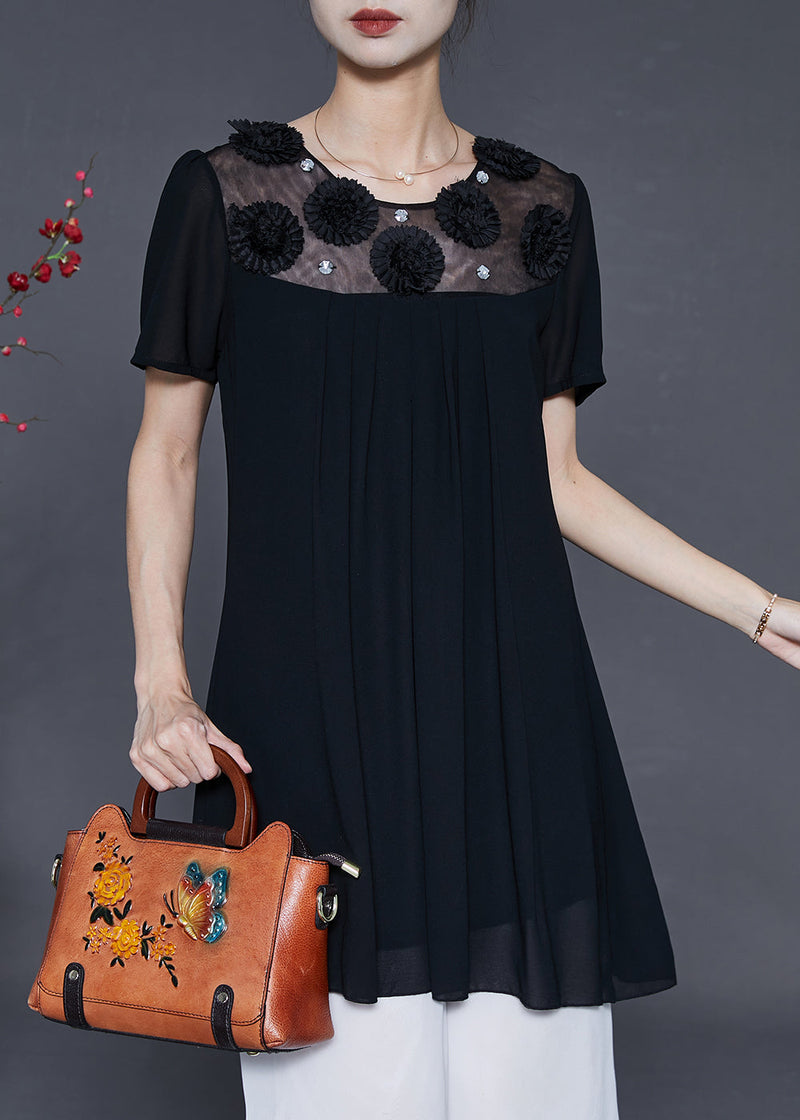 French Black Patchwork Chiffon Mini Dress Summer