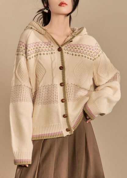 Loose Apricot Hooded Button Knit Coats Winter