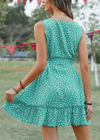 Unique Green Ruffled Print Cotton Mid Dresses Sleeveless