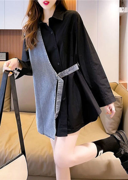 Diy Black Peter Pan Collar Denim Patchwork Cotton Fake Two Piece Shirts Fall
