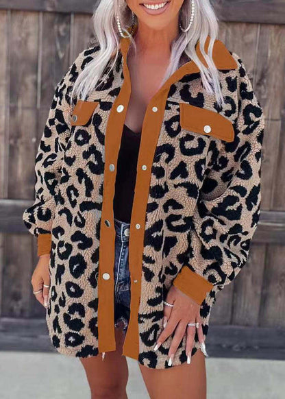 Style Rose Leopard Peter Pan Collar Pockets Faux Fur Coat Fall