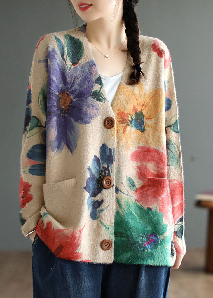 Diy Khaki V Neck Print Mink Hair Knitted Loose Coat Spring