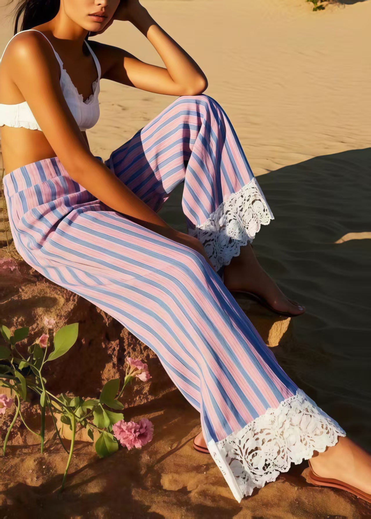 Style Polychrome Striped Patchwork Lace Straight Pants Summer