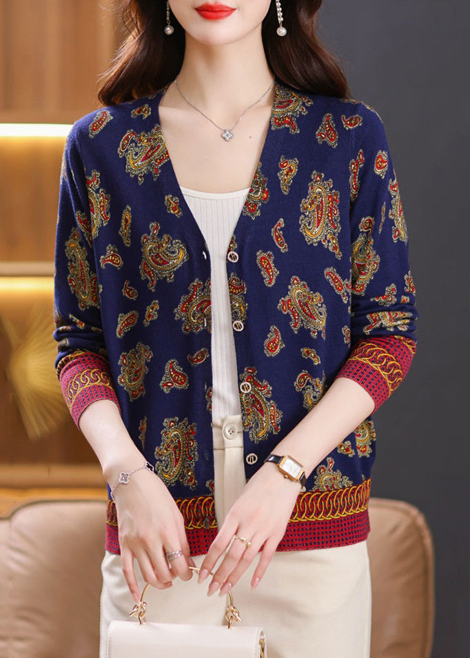 Navy Button Print Cozy Knit Cardigan Spring
