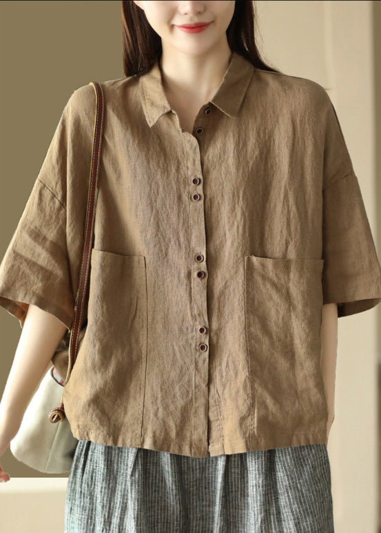 Simple Khaki Patchwork Button Linen Shirts Half Sleeve