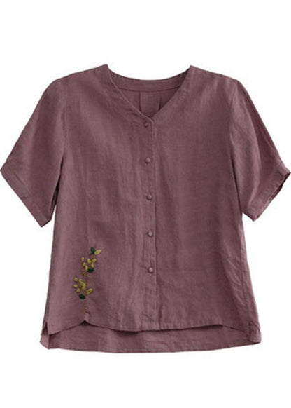Loose Pink-ink Flowers V Neck Embroidered Summer Linen Shirt