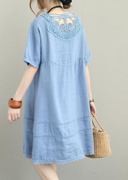Stylish Light Blue Linen Shift Dress Oversize Shirt Dress Patchwork Lace Hollow Out Linen Cotton Dress