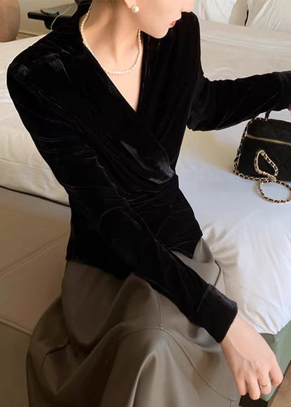 Black V Neck Tie Waist Silk Velvet Shirt Spring