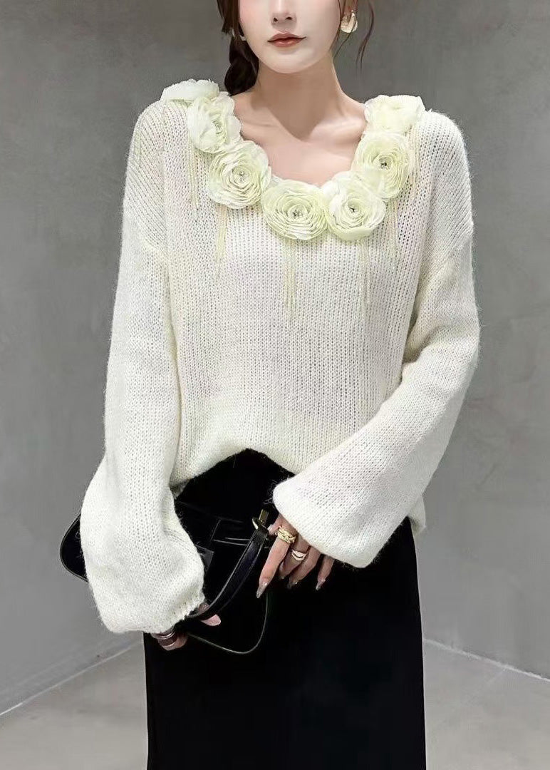 Beige V Neck Nail Bead Cozy Knit Sweater