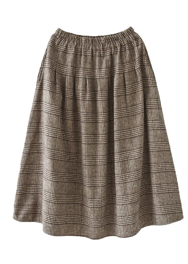 Khaki Plaid Cotton a Line Skirt Elastic Waist Thick Spring