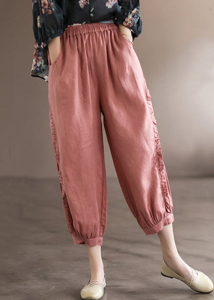 Pink Pockets Linen Crop Pants Elastic Waist