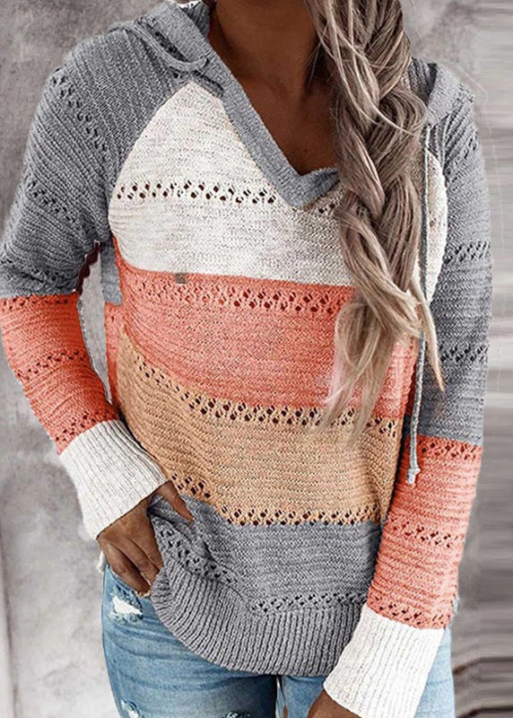 Pink Hooded Hollow Out Thin Knit Top Fall
