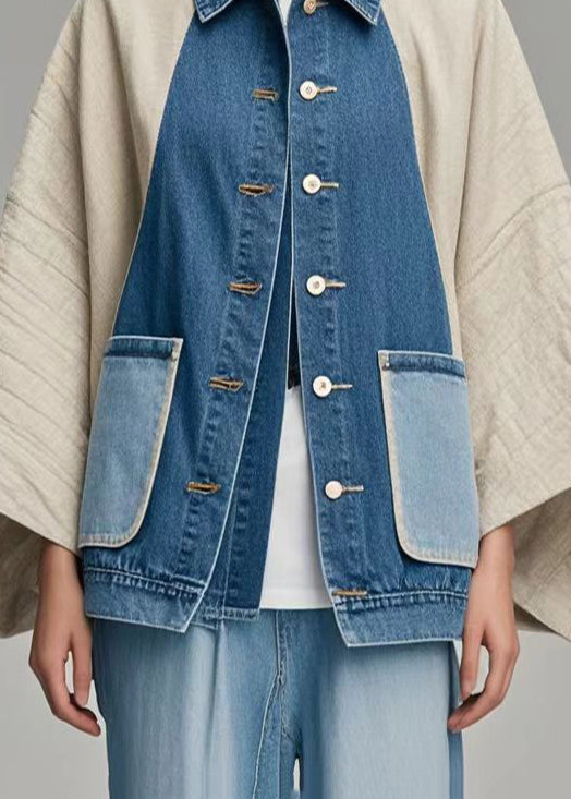 Colorblock Oversized Patchwork Denim Coat Outwear Batwing Sleeve