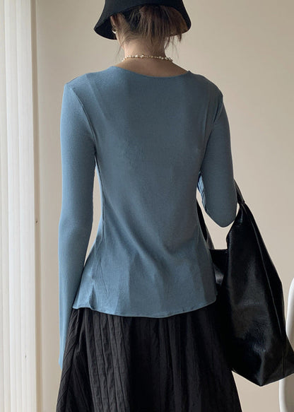 New Blue V Neck Knitting Cotton Tops Fall