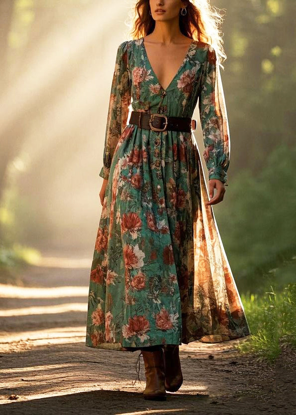 Natural Green Cinched Print Cotton Dresses Spring
