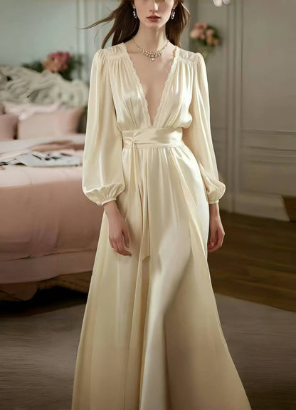 Boutique Champagne Deep-v Neck Draping Silk Long Dress Spring