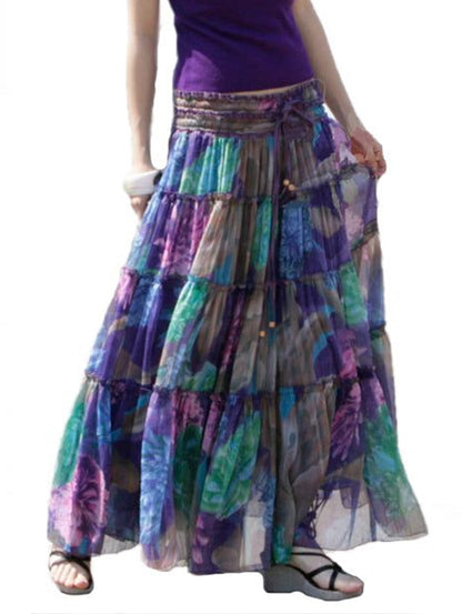 Print Drawstring Wrinkled Cotton Big Swing Maxi Skirt