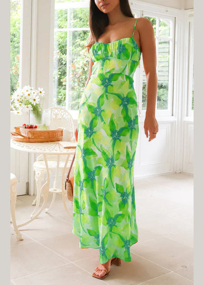New Yellow Print Slim Fit Cotton Spaghetti Strap Dress Summer