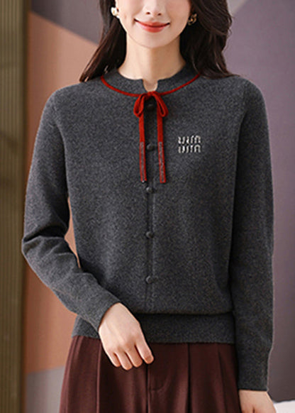 Dark Gray O Neck Lace Up Woolen Short Sweater Winter