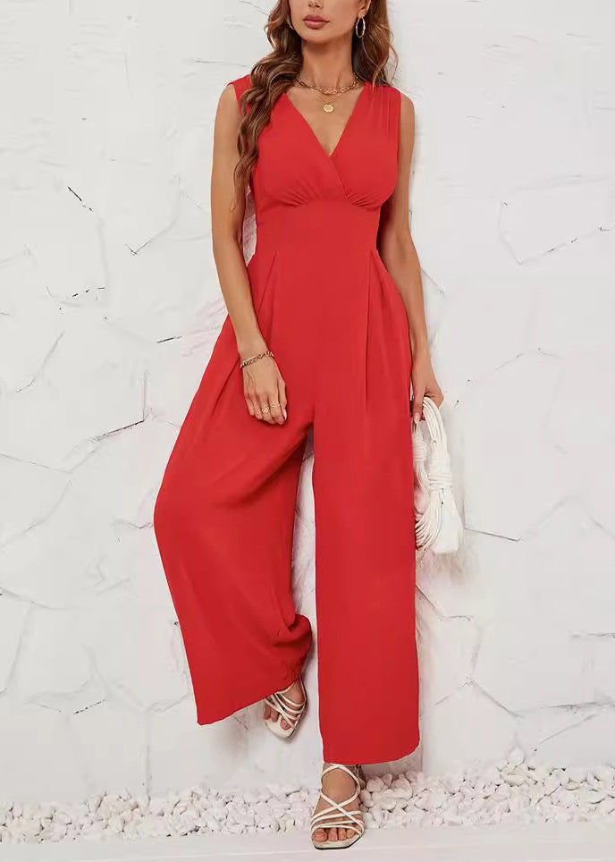 French Red V Neck Patchwork Cotton Jumpsuit Sleeveless