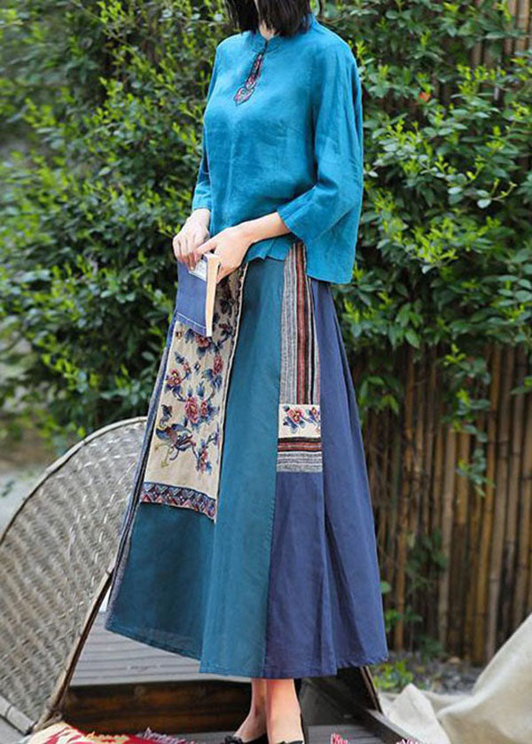 Blue Wrinkled Embroidered Pockets Patchwork Linen Skirt Summer