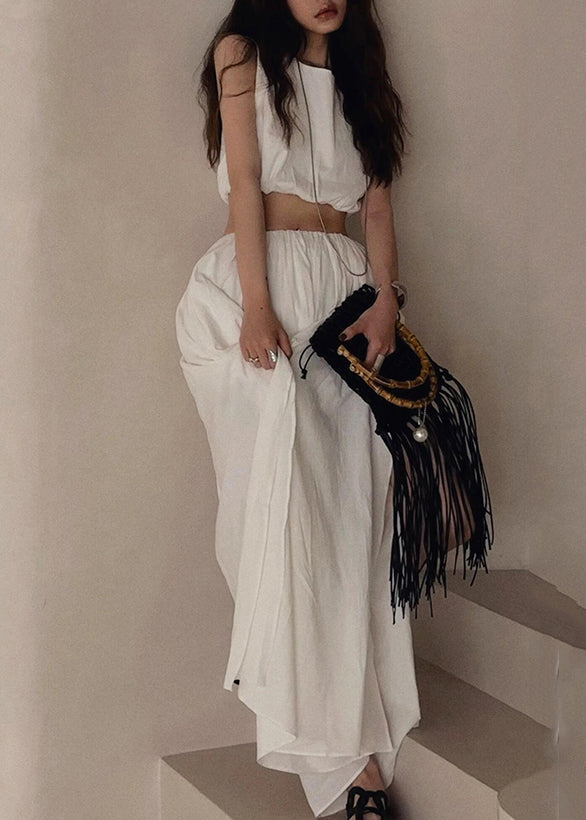Brief White O-neck Vest and Side Open Maxi Skirts Two Piece Set Summer