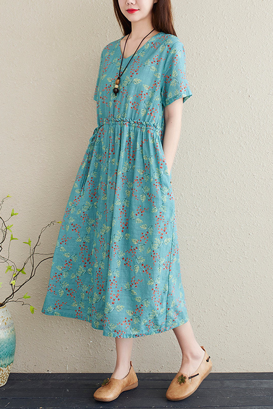 Summer Short Sleeve Printed Dress Neck A-line Dress