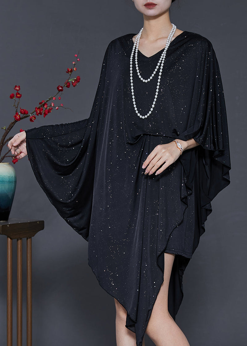 Black Sequins Asymmetrical Design Silk Dress Summer