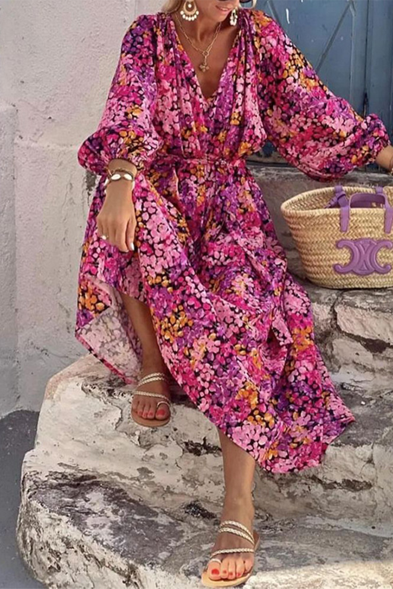 Print Contrast V Neck a Line Dresses