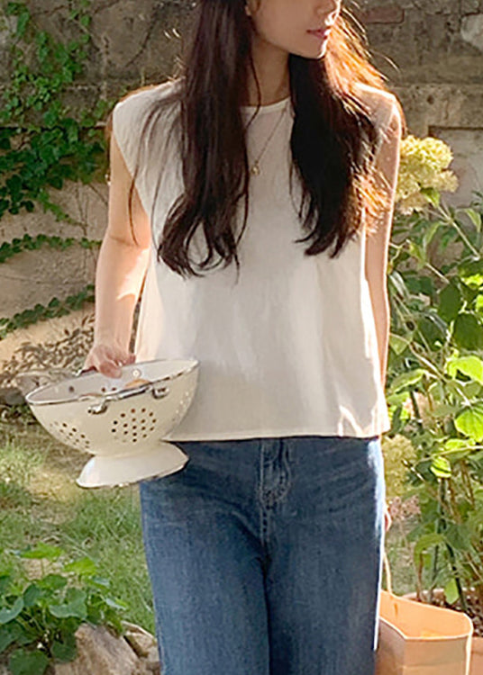 Simple White O Neck Linen T Shirt Tops Sleeveless