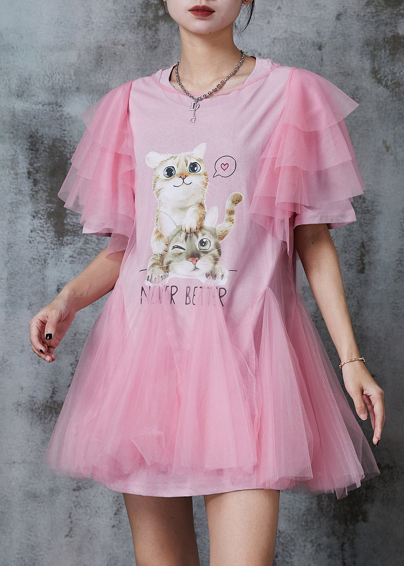 Italian Pink Cat Print Tulle Minin Dress Summer