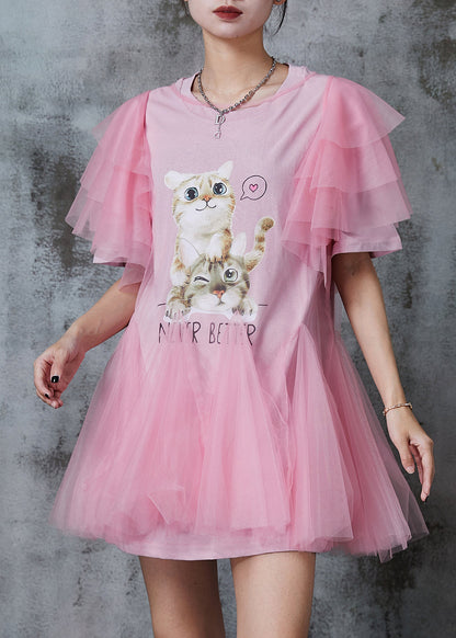 Italian Pink Cat Print Tulle Minin Dress Summer