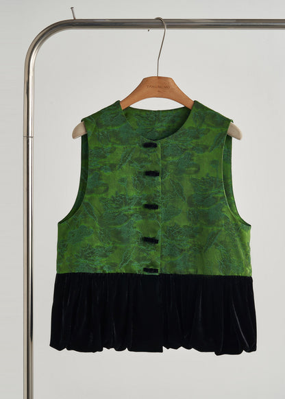 Dull Green Jacquard Patchwork Silk Velvet Vest Fall
