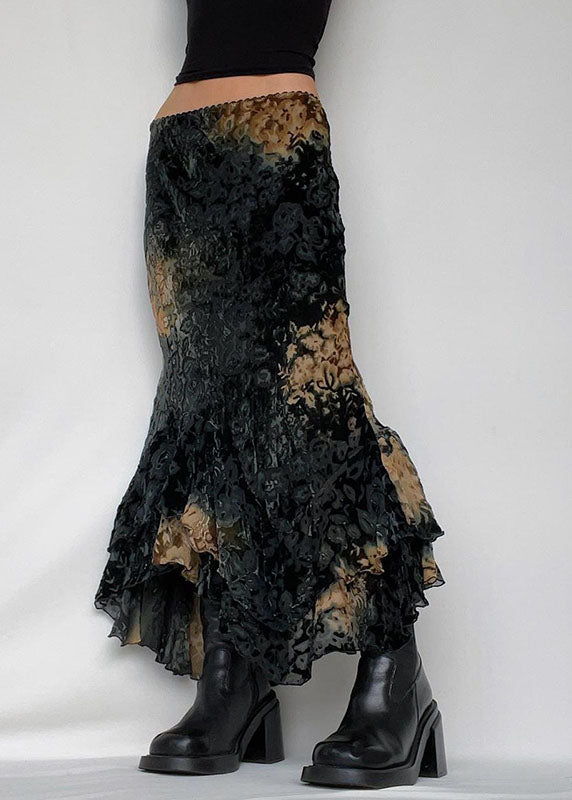 Black Asymmetrical Print Ruffled Patchwork Silk Velour Skirt