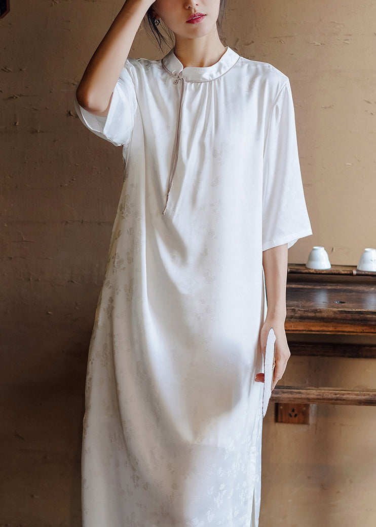 Handmade White Stand Collar Tassel Jacquard Silk Dress Summer